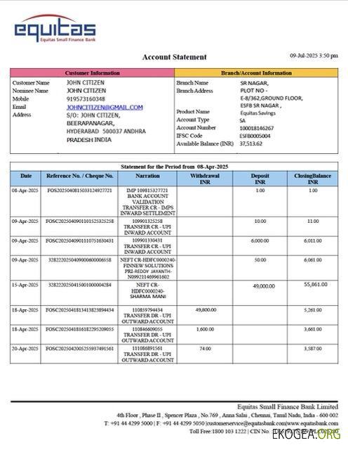 Modèle Word et PDF de relevé de compte India Equitas Small Finance Bank